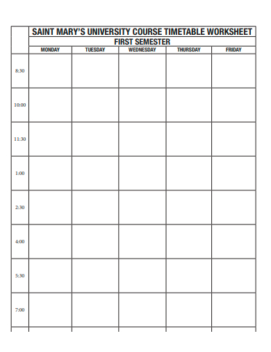 university course timetable worksheet template
