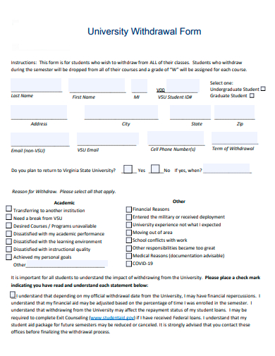 university withdrawal form template