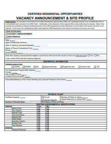 vacancy announcement and site profile form template