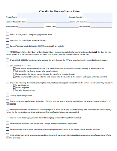 vacancy special claim checklist template