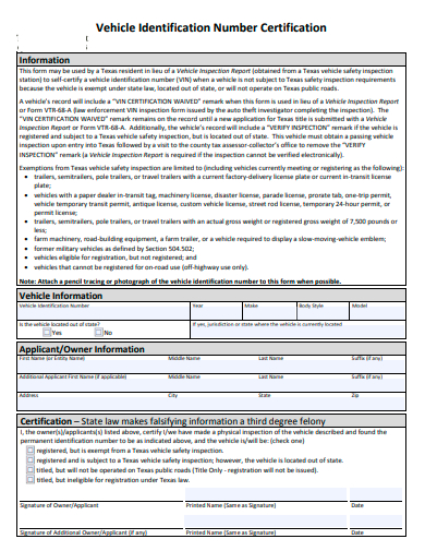 vehicle identification number certification form template