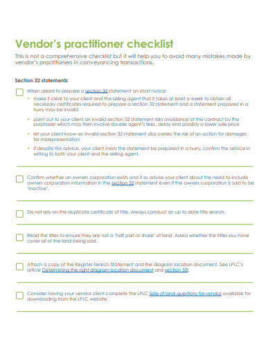 vendor practitioner checklist template
