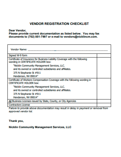 vendor registration checklist template
