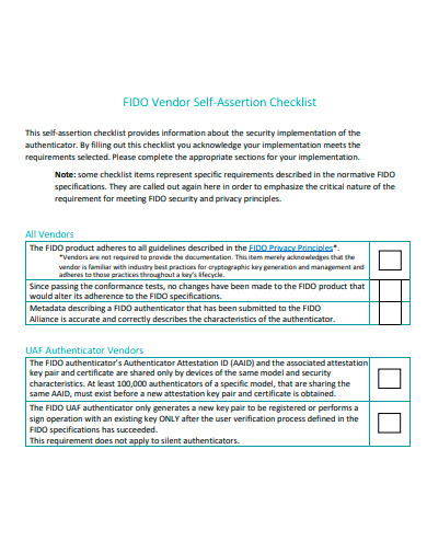 vendor self assertion checklist template