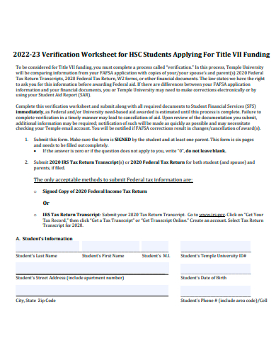 verification worksheet for students template