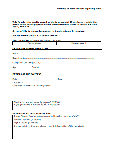 violence at work incident reporting form template