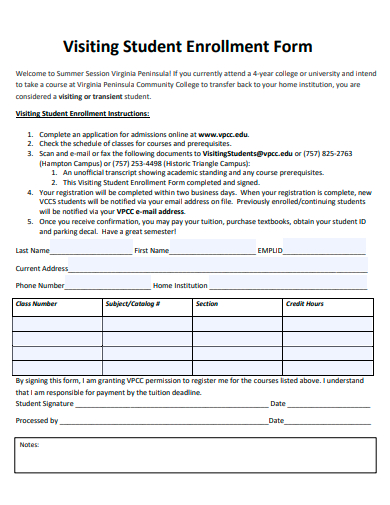 visiting student enrollment form template