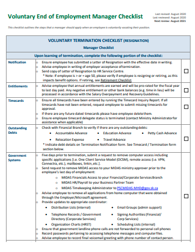 voluntary end of employment manager checklist template