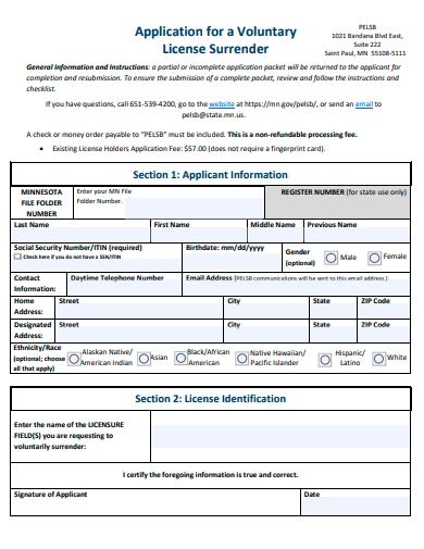 voluntary license surrender application template