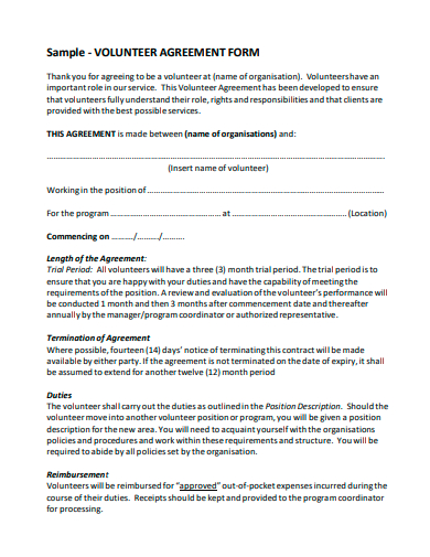 volunteer agreement form template