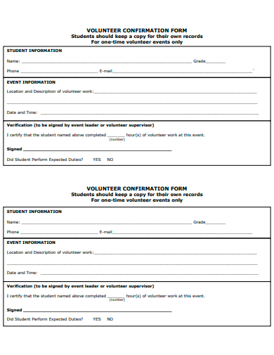 volunteer confirmation form template