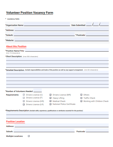 volunteer position vacancy form template