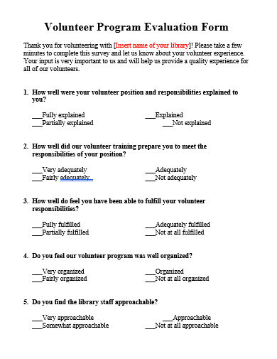 volunteer program evaluation form template