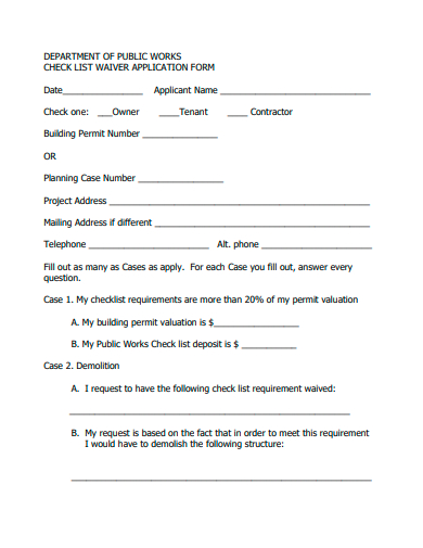 waiver application form checklist template