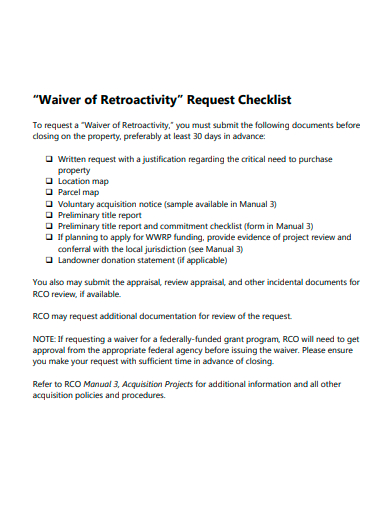 waiver of retroactivity request checklist template