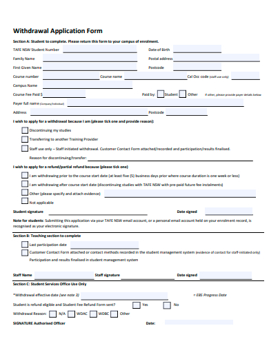 withdrawal application form template