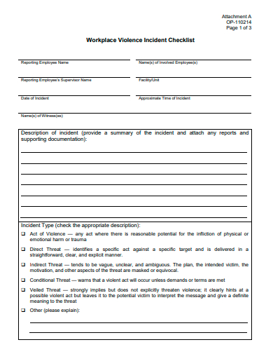 workplace violence incident checklist template
