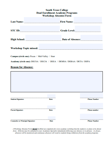 workshop absentee form template