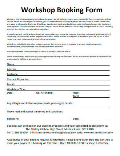 workshop booking form template