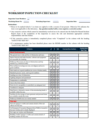 workshop inspection checklist template