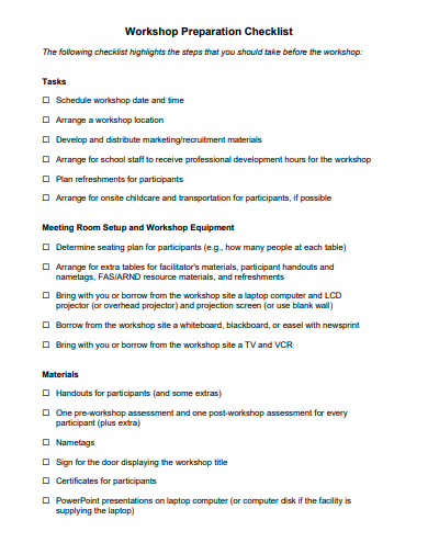 workshop preparation checklist template