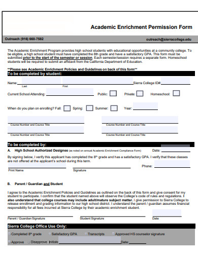 academic enrichment permission form template