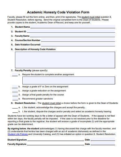 academic honesty code violation form template