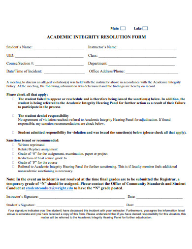 academic integrity resolution form template