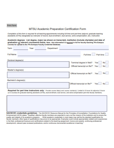 academic preparation certification form template