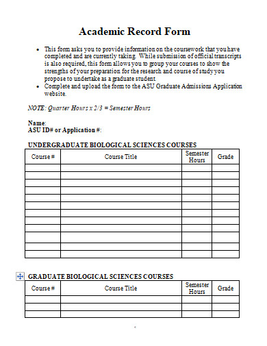 academic record form template