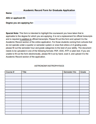 academic record form for graduate application template