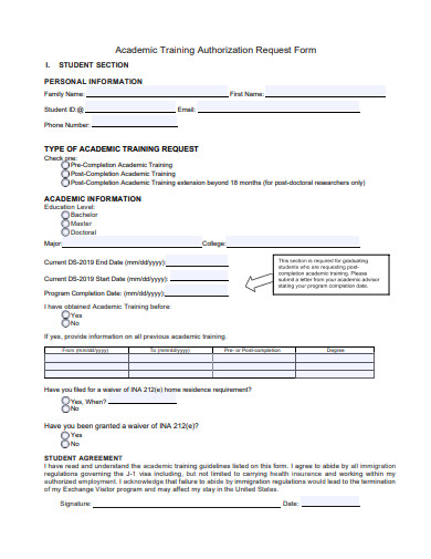 academic training authorization request form template
