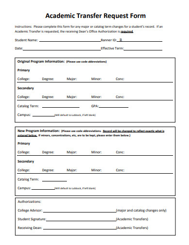 academic transfer request form template