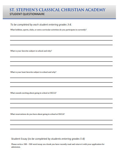 academy student questionnaire template