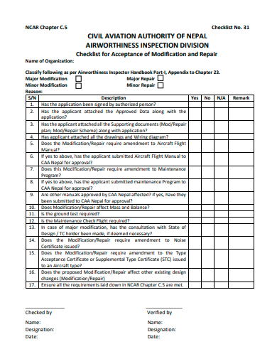 acceptance of modification and repair checklist template