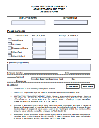 administration and staff absence form template