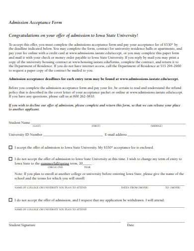 admission acceptance form template