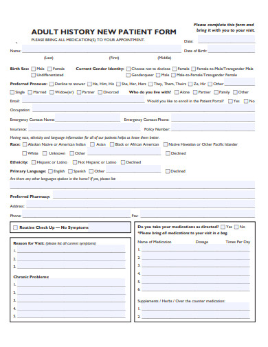 adult history new patient form template