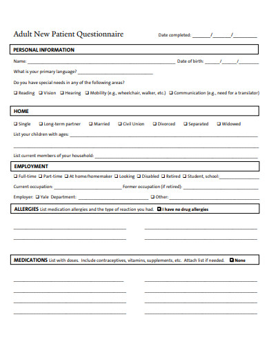 adult new patient questionnaire template