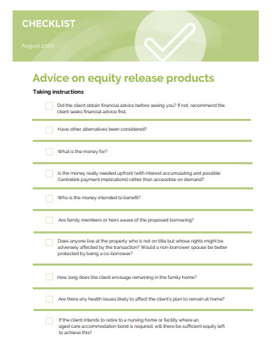 advice on equity release products checklist template