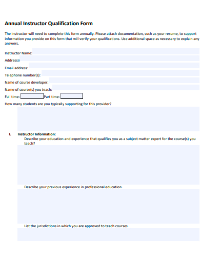 annual instructor qualification form template