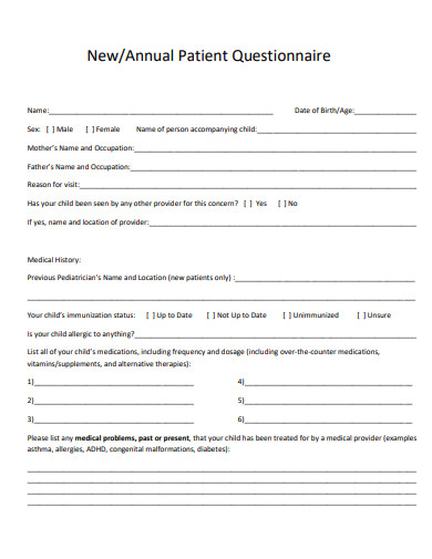 annual patient questionnaire template