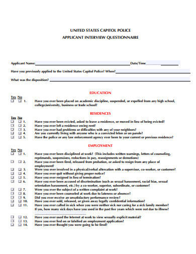 applicant interview questionnaire template
