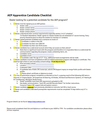 apprentice candidate checklist template