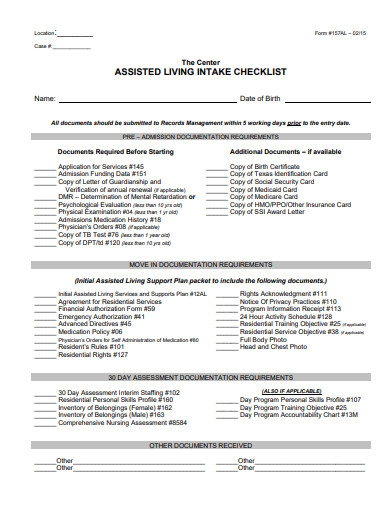 assisted living intake checklist template