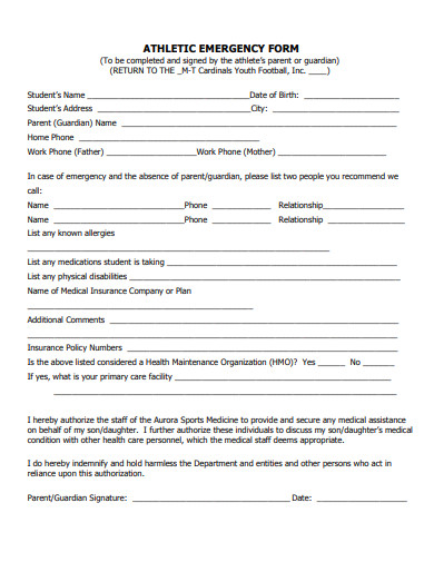 athletic emergency form template
