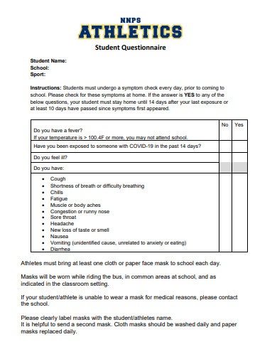 athletics student questionnaire template