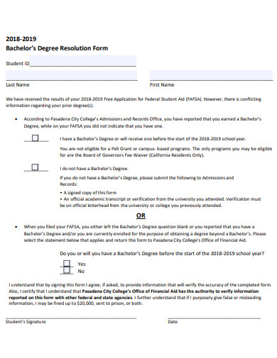 bachelors degree resolution form template