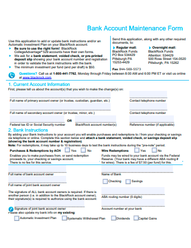 bank account maintenance form template