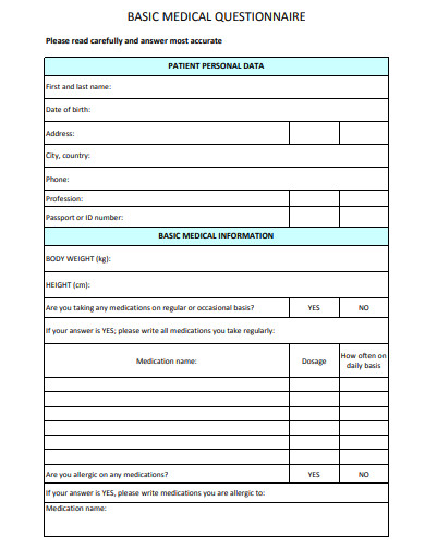 basic medical questionnaire template
